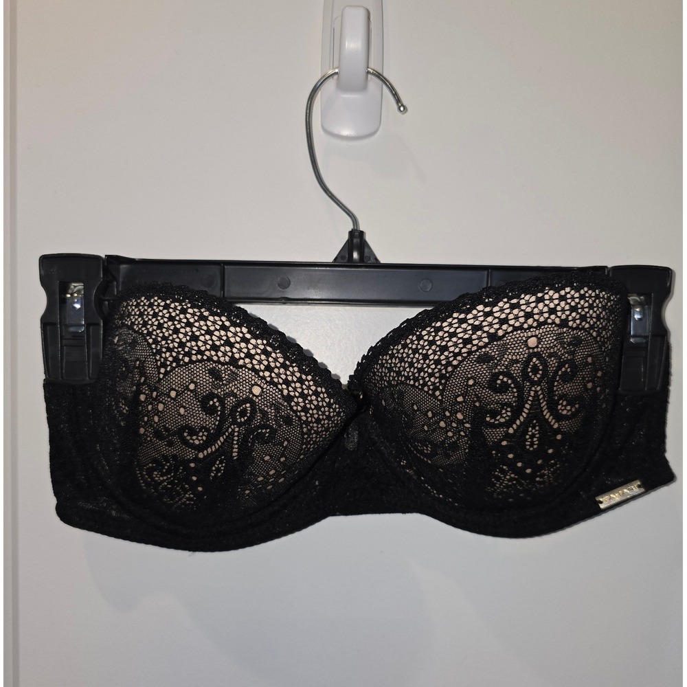 Tahari Black Lace Strapless Underwire Bra 34C Nude‎ Lining Floral Intricate